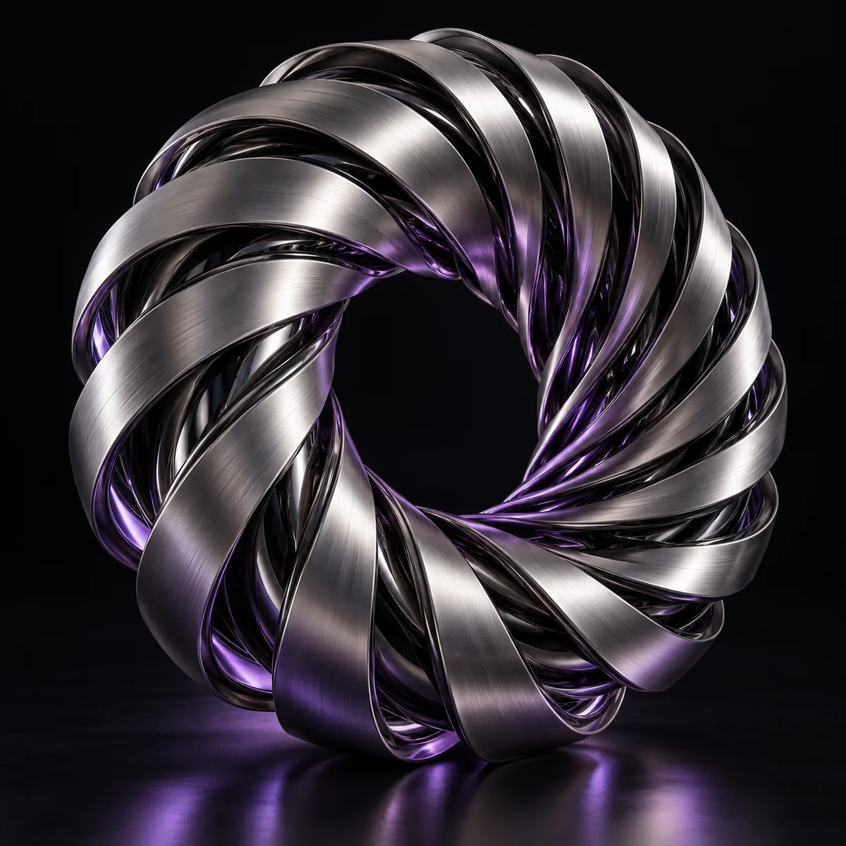 Sculpture acoustique en rubans chromés aux reflets violets