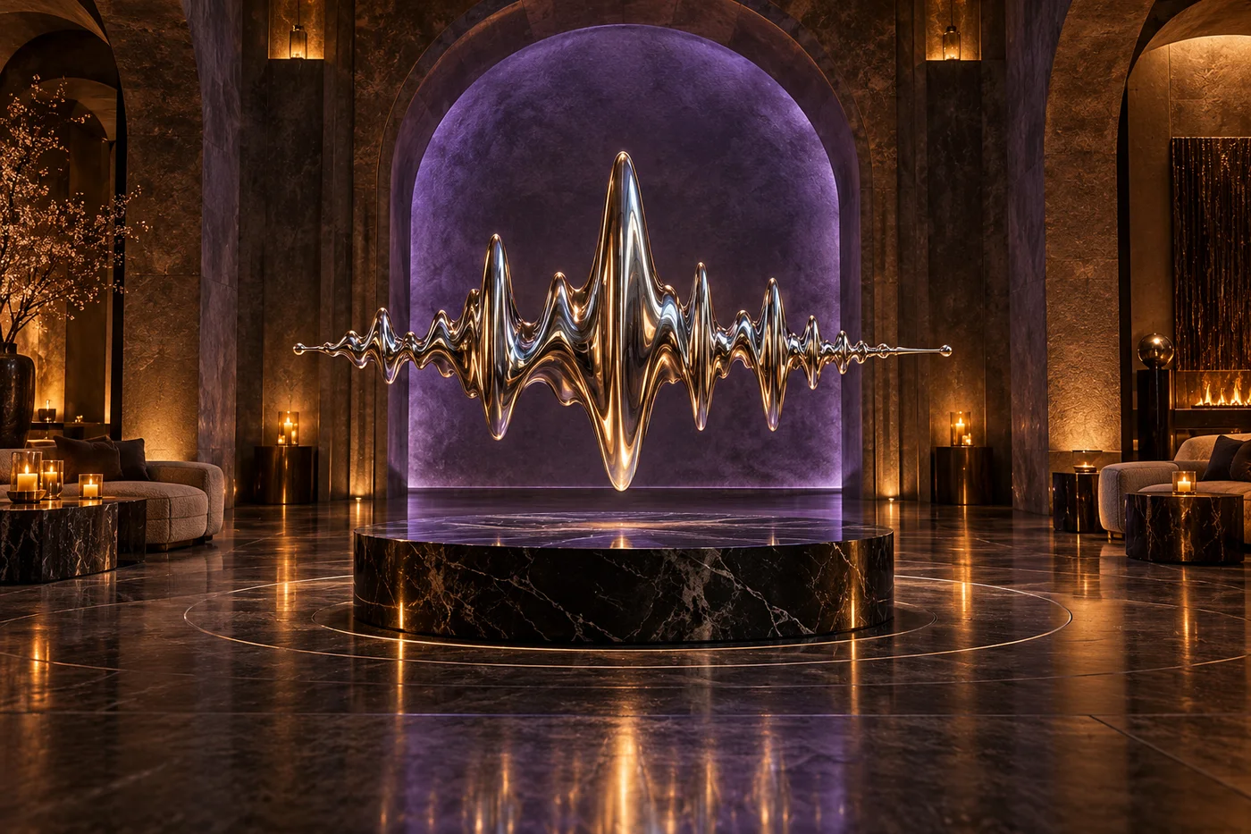 Sculpture d’une onde sonore dans un espace hôtelier contemporain